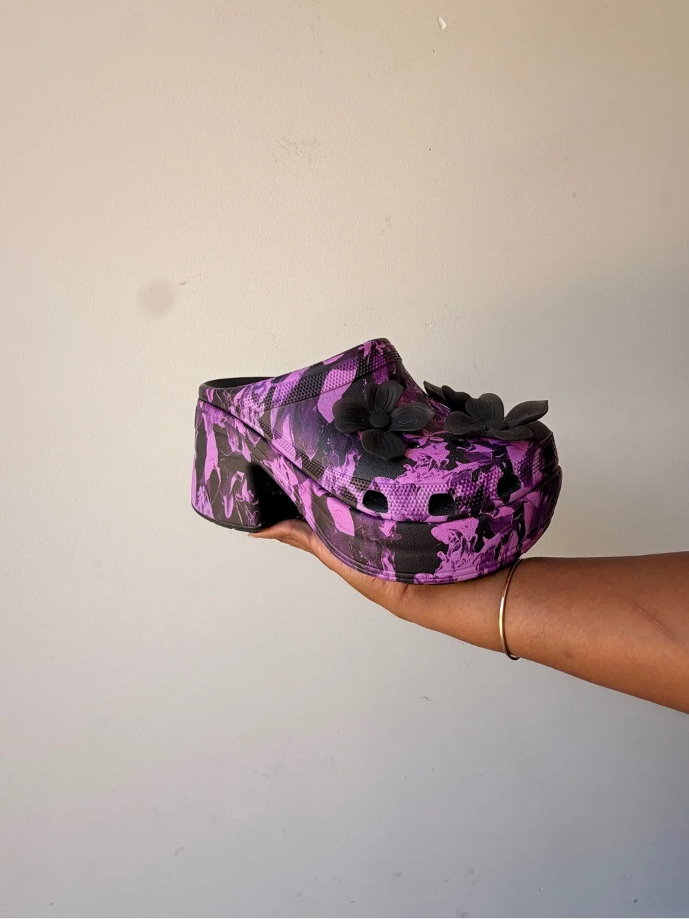 CROCS Purple and Black Floral Platform Clogs